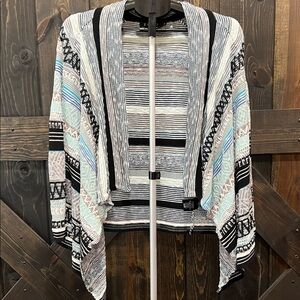 Zozo Striped Open Cardigan M Embroidered Blue Black Grey Boho Southwestern Aztec
